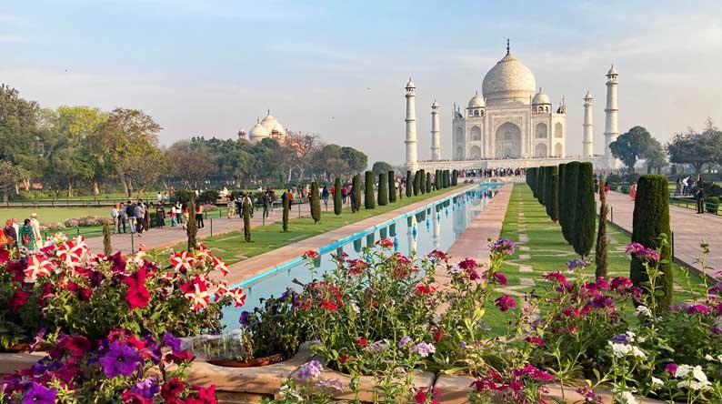 Taj Mahal and gardens in Agra on a Golden Triangle Tour with Varanasi