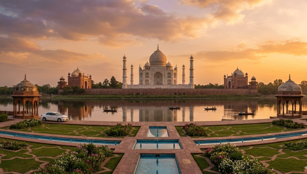 A wide-angle, symmetrical view of the Taj Mahal at sunset, viewed from across the Yamuna River. The white marble mausoleum and its minarets are perfectly reflected in the water, framed by manicured Mughal gardens and a clear, golden-hued sky.
