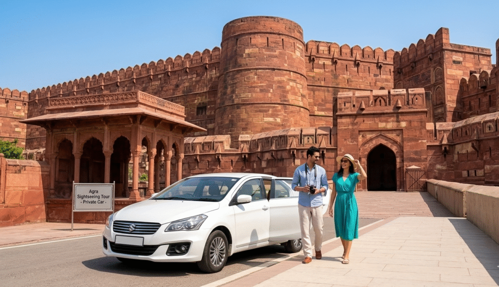 A white private tour car parked in front of the massive red sandstone walls and fortified entrance of Agra Fort. A couple is seen walking toward the monument, capturing the scale of this UNESCO World Heritage site.