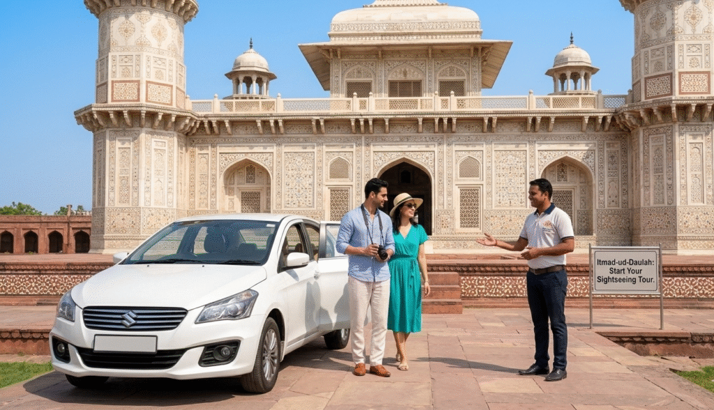 A white sedan parked at the entrance of the Tomb of Itmad-ud-Daulah (the "Baby Taj"). A tour guide in a professional polo shirt is seen welcoming a couple, highlighting the personalized private tour experience.