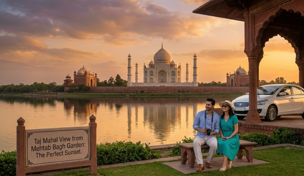 A couple sitting on a stone bench in the Mehtab Bagh gardens, enjoying the view of the Taj Mahal across the river during the "golden hour." A white private car is parked nearby under a stone pavilion, emphasizing comfort and convenience.