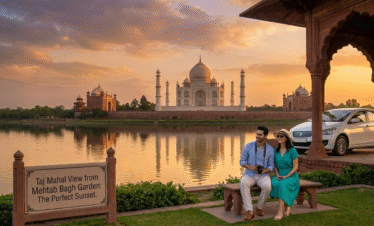 A couple sitting on a stone bench in the Mehtab Bagh gardens, enjoying the view of the Taj Mahal across the river during the "golden hour." A white private car is parked nearby under a stone pavilion, emphasizing comfort and convenience.