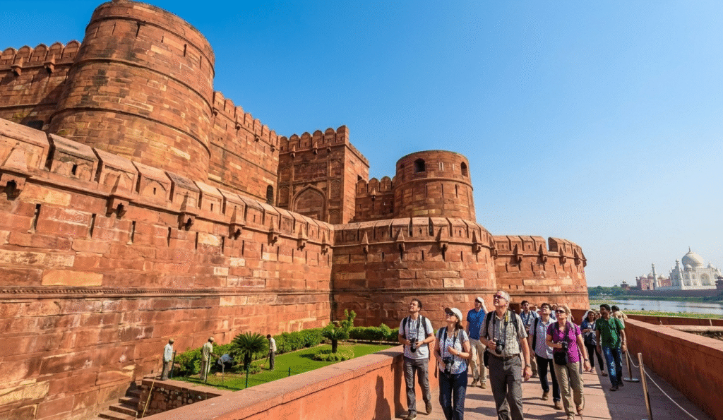 Exploring the historic Agra Fort on a Same Day Agra Tour by Car.