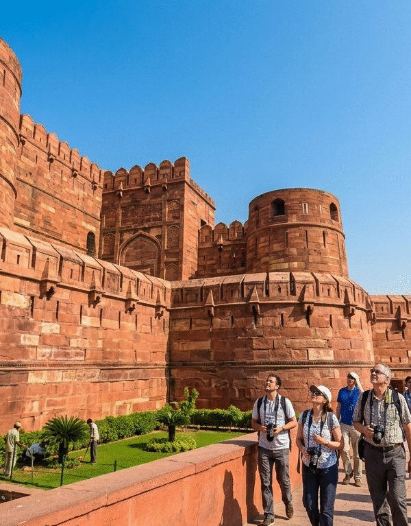 Exploring the historic Agra Fort on a Same Day Agra Tour by Car.