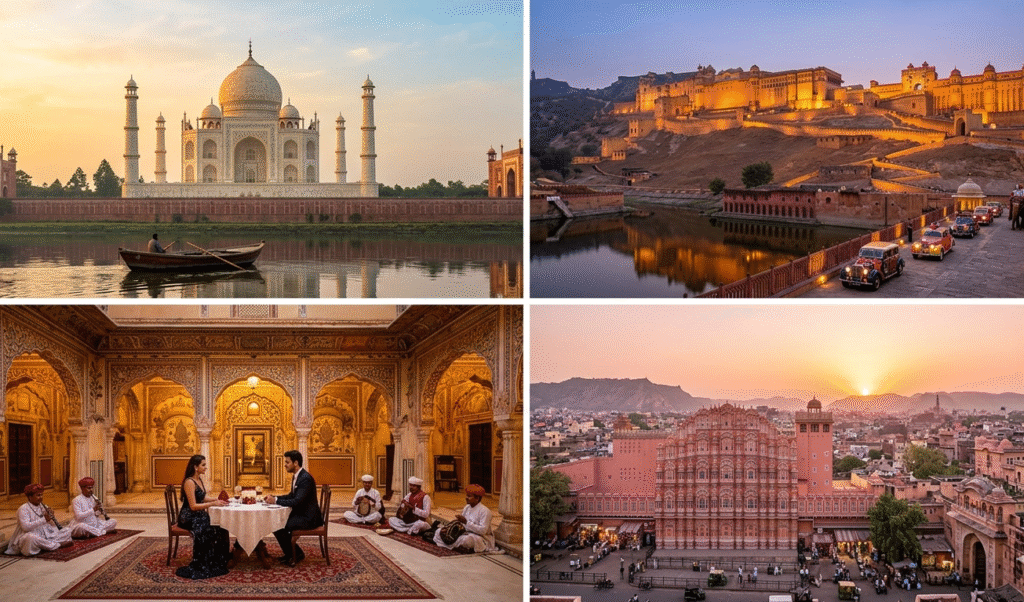 Majestic golden hour view of the Taj Mahal, the highlight of our highly recommended 2 days golden triangle tour in golden triangle india.