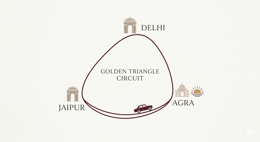 A minimalist map of the Golden Triangle India highlighting the 7-day luxury itinerary through Delhi, Agra, and Jaipur for high-end travelers.