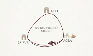 A minimalist map of the Golden Triangle India highlighting the 7-day luxury itinerary through Delhi, Agra, and Jaipur for high-end travelers.