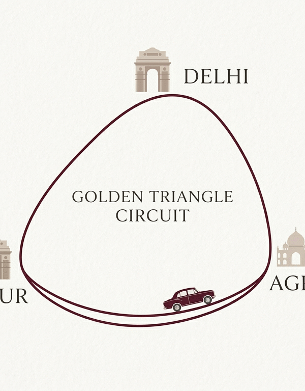 A minimalist map of the Golden Triangle India highlighting the 7-day luxury itinerary through Delhi, Agra, and Jaipur for high-end travelers.