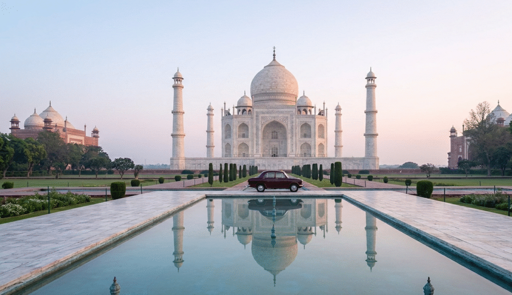 Professional sunrise view of the Taj Mahal for travelers using a Taj Mahal E Ticket on a curated luxury trip, including visits to the Lal Qila of Agra
