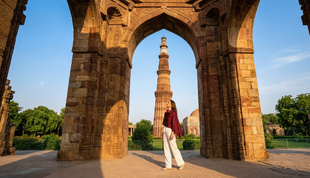 A premium vacation in India in New Delhi featuring historical sightseeing at the Qutub Minar and Jama Masjid as part of a luxury Golden Triangle tour.