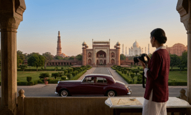 A luxury traveler viewing a composite horizon of the Taj Mahal, Qutub Minar, and Hawa Mahal, representing a premier Golden Triangle India tour package and a high-end vacation in India in New Delhi with private chauffeured transport.