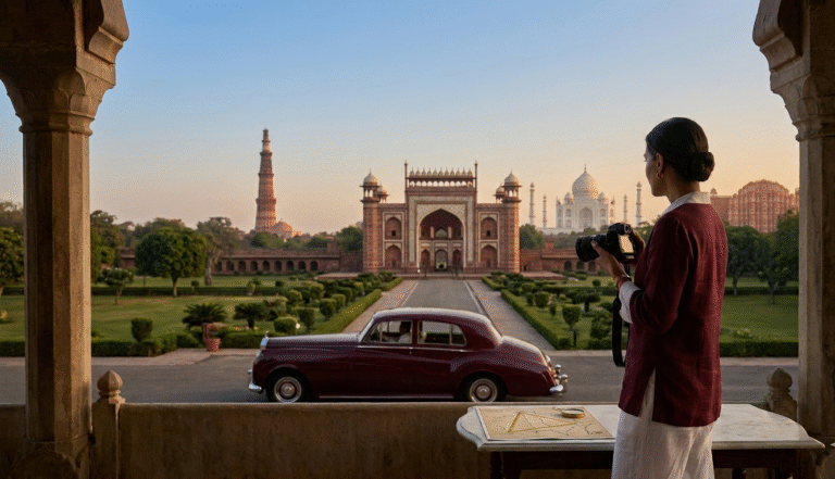 A luxury traveler viewing a composite horizon of the Taj Mahal, Qutub Minar, and Hawa Mahal, representing a premier Golden Triangle India tour package and a high-end vacation in India in New Delhi with private chauffeured transport.