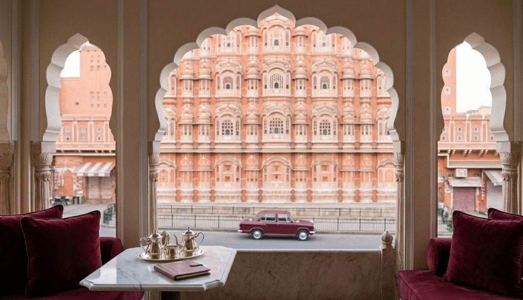 Exclusive balcony view of the Hawa Mahal in the Pink City, highlighting luxury stays near Amer Fort at Jaipur during a private Rajasthan tour.