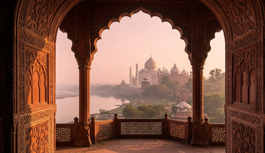 A romantic view of the Taj Mahal framed from inside the Agra Fort, a key landmark on our tour