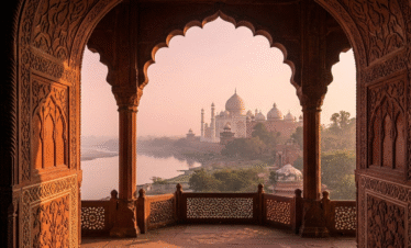 A romantic view of the Taj Mahal framed from inside the Agra Fort, a key landmark on our tour
