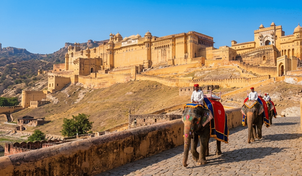 A breathtaking view of the illuminated Amber Fort in Jaipur at dusk, featured in our best golden triangle tour packages.
