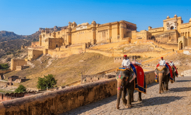 A breathtaking view of the illuminated Amber Fort in Jaipur at dusk, featured in our best golden triangle tour packages.
