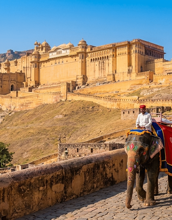 A breathtaking view of the illuminated Amber Fort in Jaipur at dusk, featured in our best golden triangle tour packages.