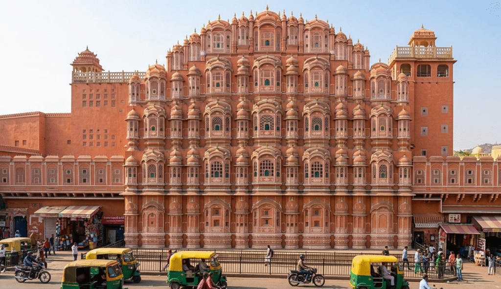 A vibrant panoramic view of the 'Pink City' of Jaipur, India, showing the historic urban landscape explored on our comprehensive golden triangle india trips.