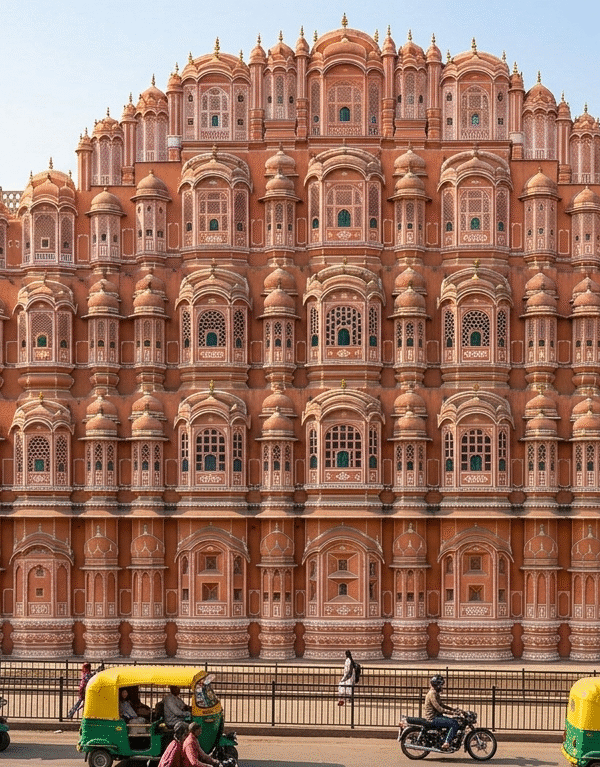 A vibrant panoramic view of the 'Pink City' of Jaipur, India, showing the historic urban landscape explored on our comprehensive golden triangle india trips.
