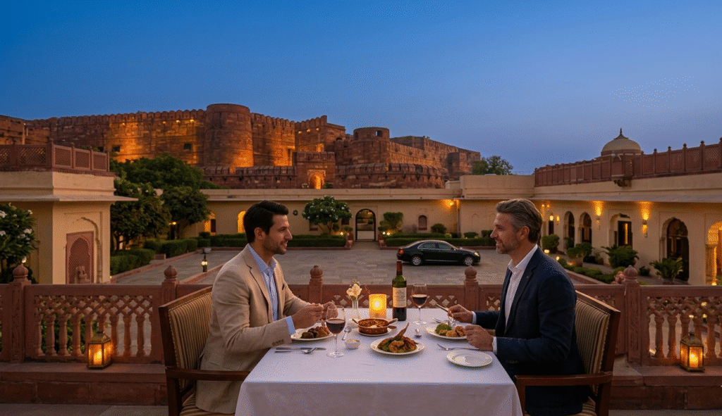 An exclusive, private heritage courtyard dinner in Jaipur, showcasing the premium hospitality in our luxury golden triangle tour india.