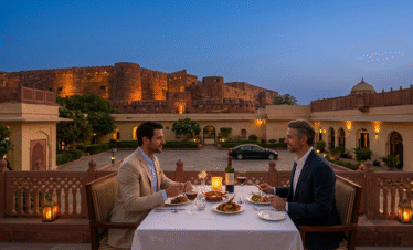 An exclusive, private heritage courtyard dinner in Jaipur, showcasing the premium hospitality in our luxury golden triangle tour india.