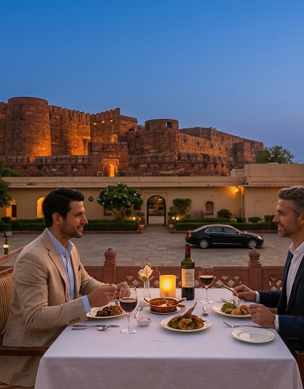 An exclusive, private heritage courtyard dinner in Jaipur, showcasing the premium hospitality in our luxury golden triangle tour india.