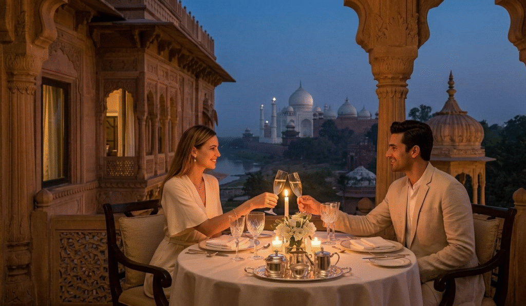 Indulge in premium, candlelit dining with views of the Taj Mahal on our luxury tour.
