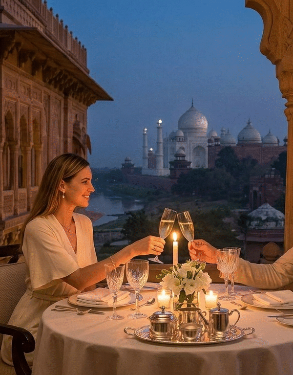 Indulge in premium, candlelit dining with views of the Taj Mahal on our luxury tour.
