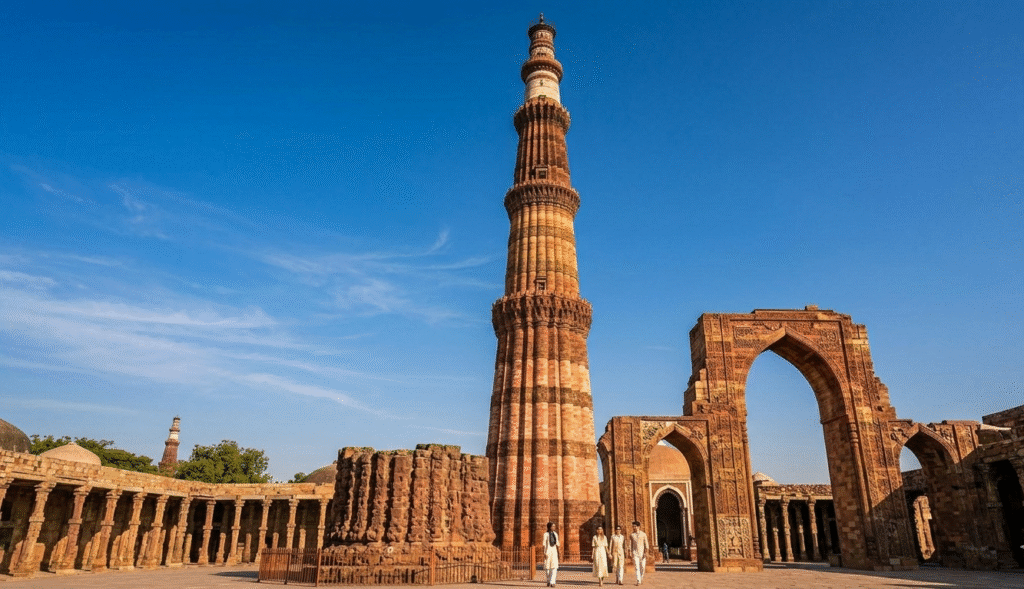 The Qutub Minar, a distinct architectural landmark on your 2-Day Delhi and Agra tour.