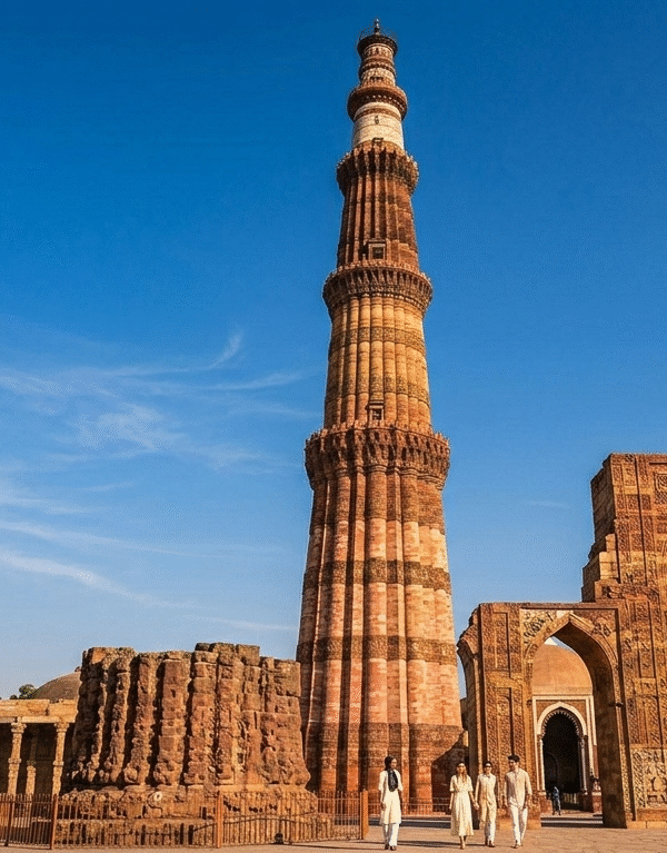 The Qutub Minar, a distinct architectural landmark on your 2-Day Delhi and Agra tour.
