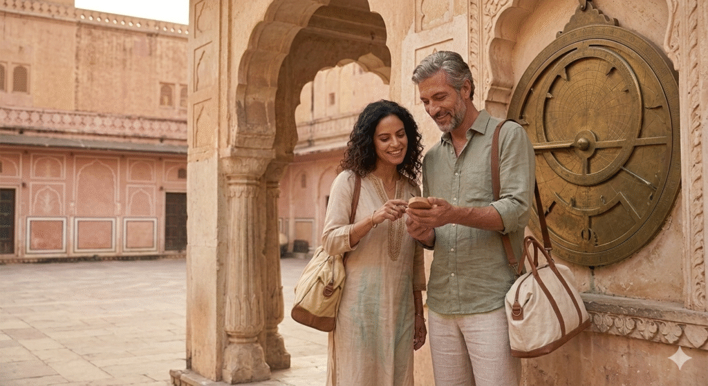 A man and woman smiling while looking at a phone together in a sun-drenched Jaipur palace courtyard. The scene features ornate Rajasthani arches and a large ancient sundial from the Jantar Mantar in the background.