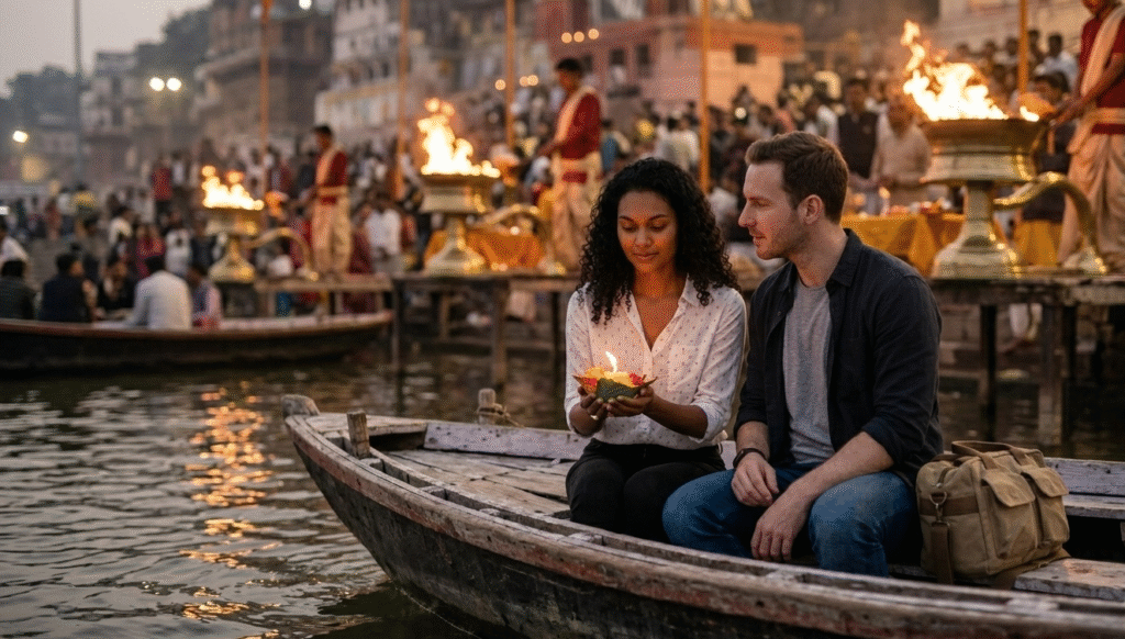 A couple sitting on a traditional wooden boat in Varanasi during the evening. The woman holds a small, lit flower lamp (diya) as they watch the glowing fire ceremonies and crowds at the ghats from the water.