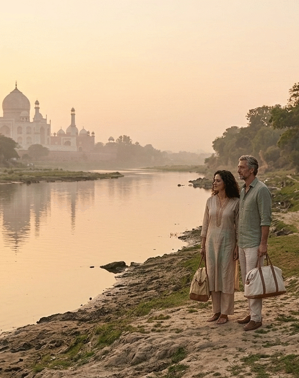A man and woman standing on the sandy banks of the Yamuna River, peacefully viewing the Taj Mahal in the distance during a hazy sunrise. A silver car is parked on a nearby dirt path, emphasizing a private, off-the-beaten-path moment.