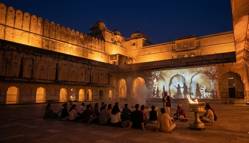 A group of tourists sitting on the floor of a courtyard at Amer Fort under a night sky. They are watching a vibrant light projection show that depicts historical figures against the ancient stone walls of the palace.