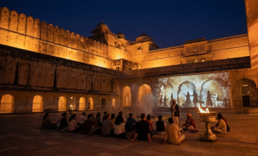 A group of tourists sitting on the floor of a courtyard at Amer Fort under a night sky. They are watching a vibrant light projection show that depicts historical figures against the ancient stone walls of the palace.