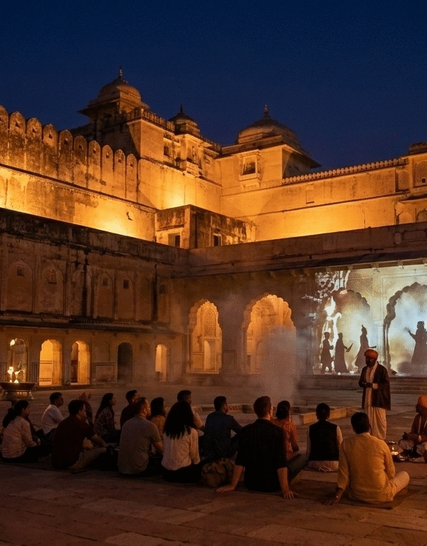 A group of tourists sitting on the floor of a courtyard at Amer Fort under a night sky. They are watching a vibrant light projection show that depicts historical figures against the ancient stone walls of the palace.