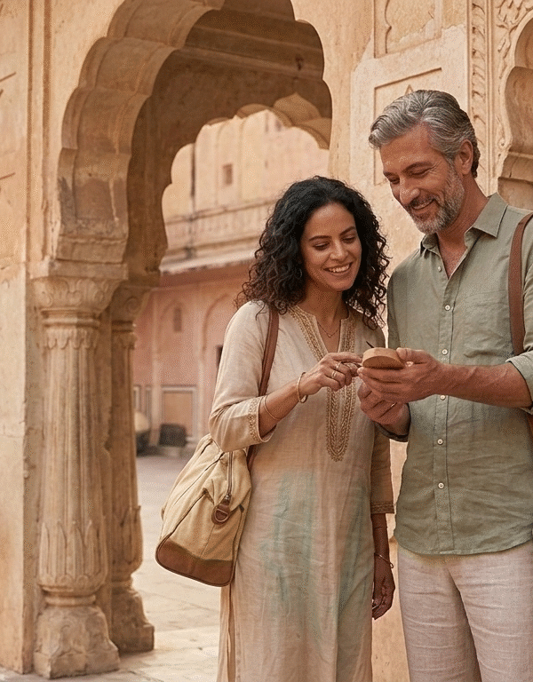 A man and woman smiling while looking at a phone together in a sun-drenched Jaipur palace courtyard. The scene features ornate Rajasthani arches and a large ancient sundial from the Jantar Mantar in the background.