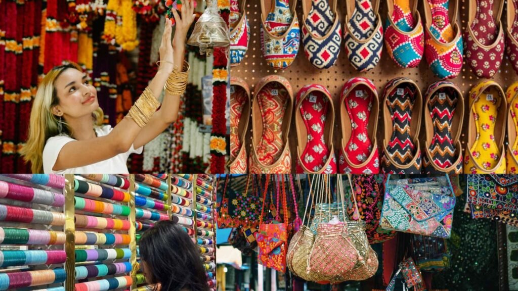 Here’s a strong, SEO‑friendly alt text for the uploaded image of the Indian marketplace collage:
Alt Text:
“Colorful Indian marketplace collage showing traditional juttis, embroidered handbags, vibrant bangles, and decorative garlands – highlighting North India’s cultural attractions and artisanal crafts