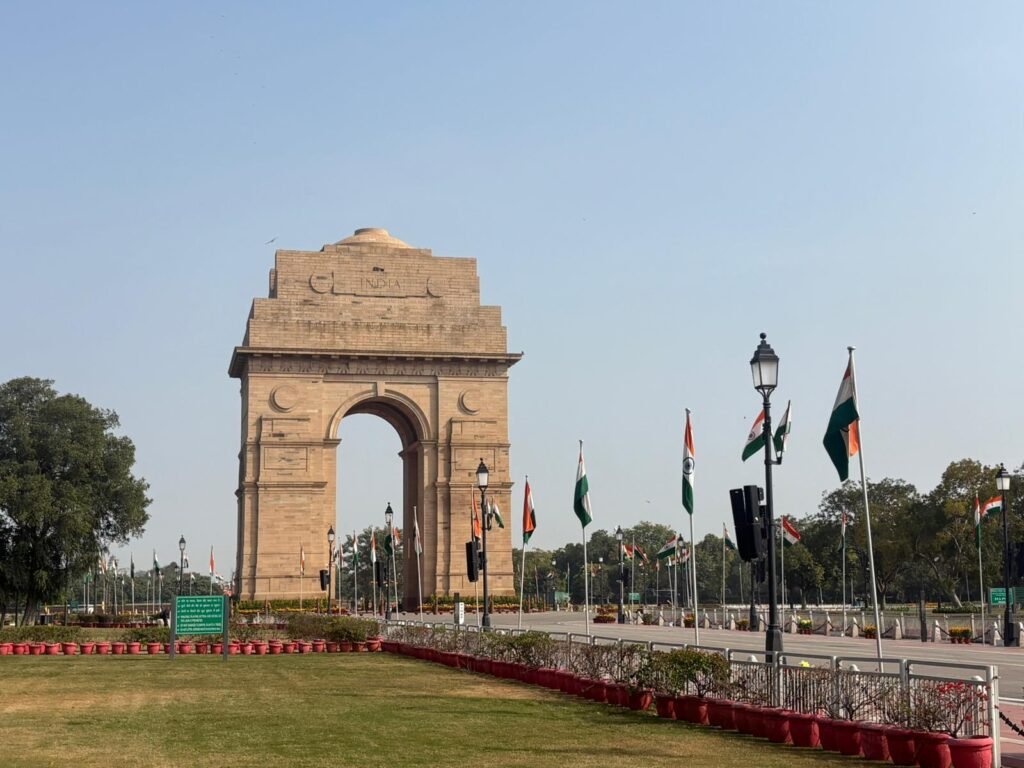 India Gate Delhi war memorial illuminated at night