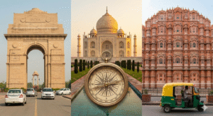 Golden Triangle India collage with Delhi to Taj Mahal distance icon, Jaipur monuments, and Taj Explorer compass.