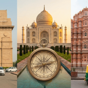 Golden Triangle India collage with Delhi to Taj Mahal distance icon, Jaipur monuments, and Taj Explorer compass.