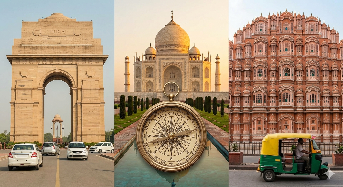 Golden Triangle India collage with Delhi to Taj Mahal distance icon, Jaipur monuments, and Taj Explorer compass.