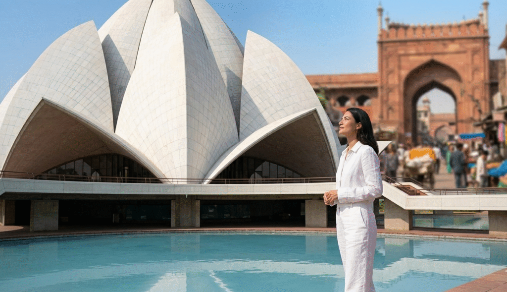 A breathtaking view of the Lotus Temple of New Delhi and the historic Jama Masjid Delhi India, two iconic landmarks included in a luxury golden triangle tour India with Taj Explorer