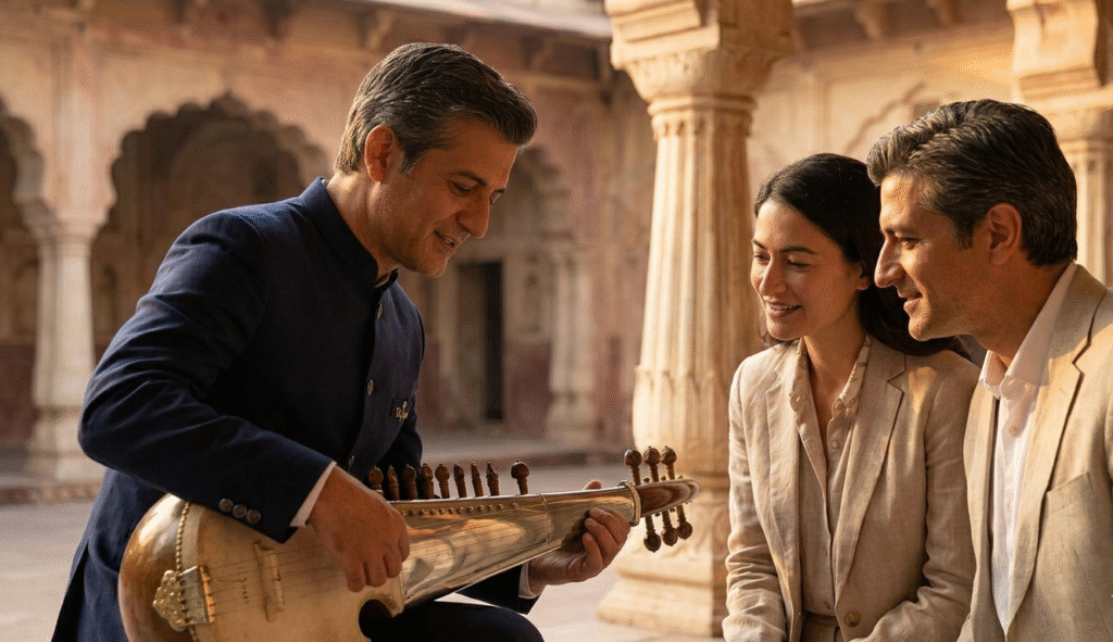 An authentic local historian using an oil lamp to explain the history of the lal qila red fort and mughal king shahjahan to travelers
