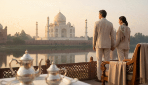 discover the magic of india -A traveler enjoying the taj mahal sunrise with a cup of chai during a luxury golden triangle tour india with Taj Explorer.