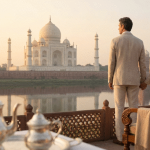 discover the magic of india -A traveler enjoying the taj mahal sunrise with a cup of chai during a luxury golden triangle tour india with Taj Explorer.