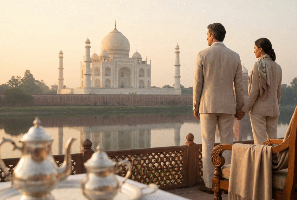 discover the magic of india -A traveler enjoying the taj mahal sunrise with a cup of chai during a luxury golden triangle tour india with Taj Explorer.