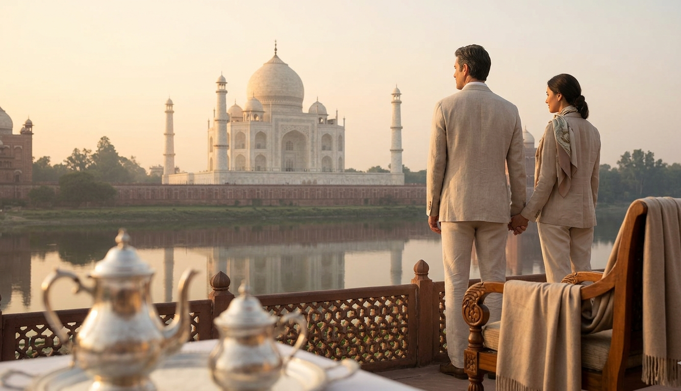 discover the magic of india -A traveler enjoying the taj mahal sunrise with a cup of chai during a luxury golden triangle tour india with Taj Explorer.