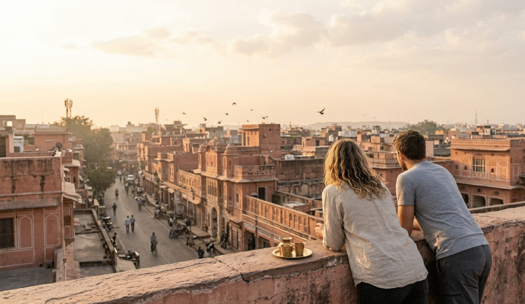 A couple relaxing on a rooftop at sunset, viewing the jaipur city tour skyline and discussing the best time to visit rajasthan.